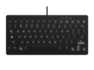 top view of black USB keyboard with white backlighting on