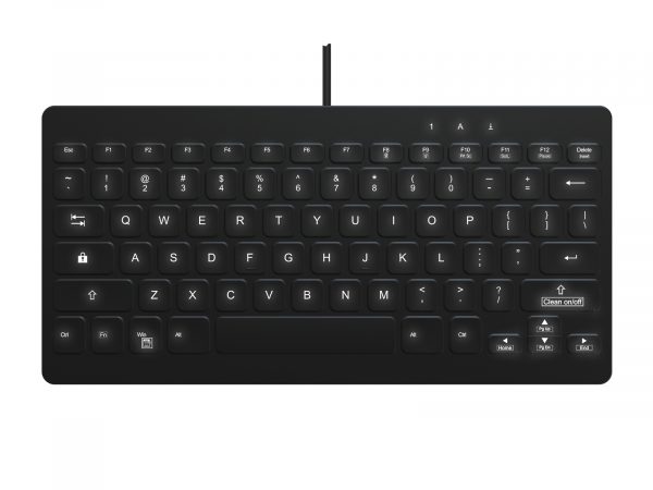 top view of black USB keyboard with white backlighting on