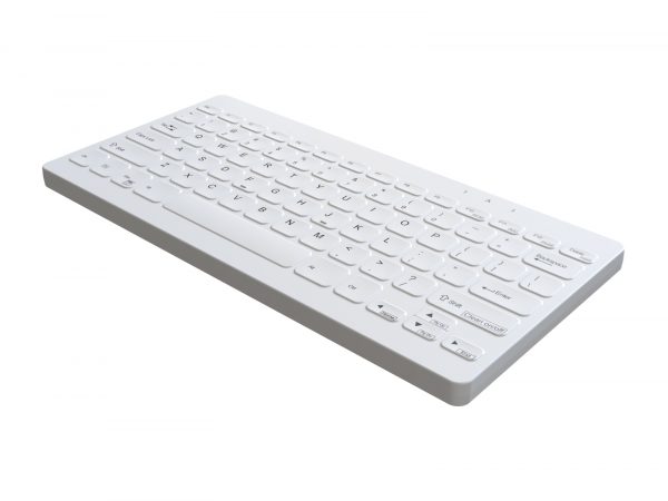 isometric view of 78-key white Bluetooth keyboard