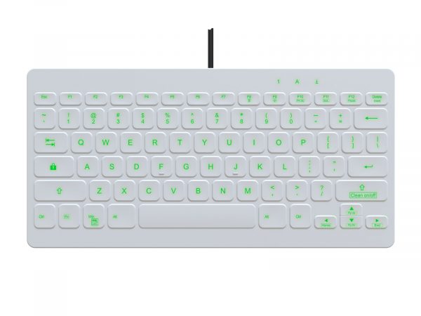 top view of white USB keyboard with green backlighting on