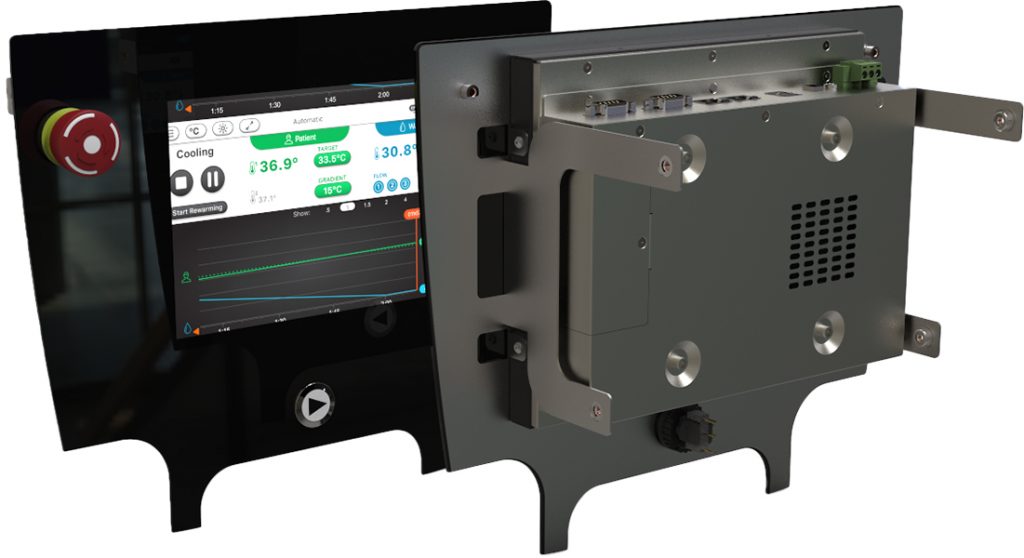 touchscreen display with temperature controls (front and back views)