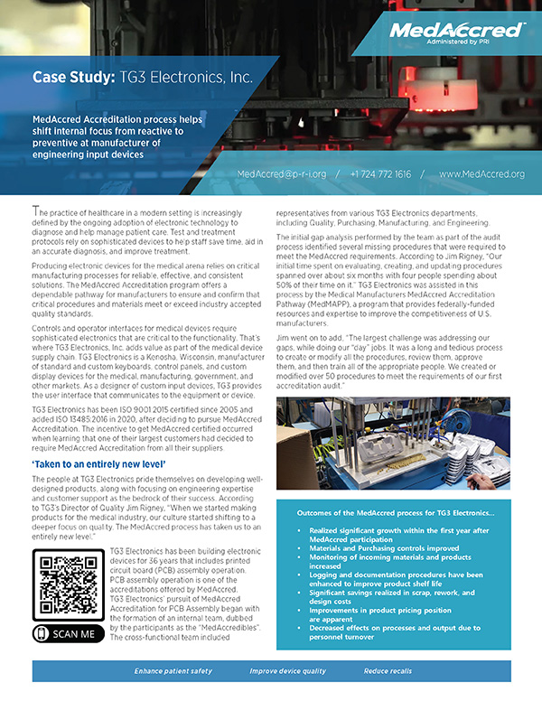 MedAccred case study featuring TG3 Electronics